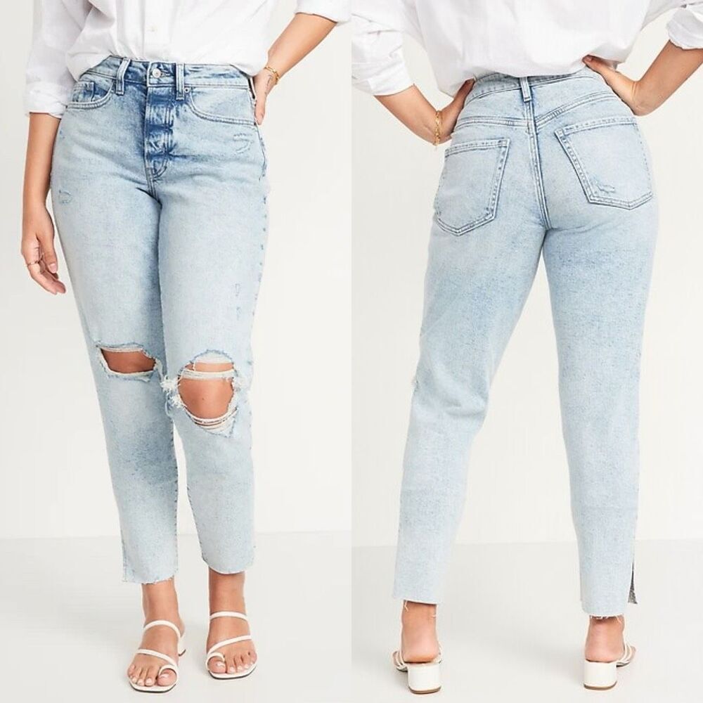 Old Navy Curvy High-Waisted Button-Fly OG Straight Ankle Jeans Ripped Light Wash